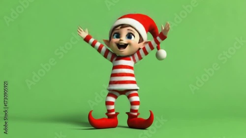 A cheerful elf with red and white striped clothes stands on a green background with arms raised christmas elves green screen video