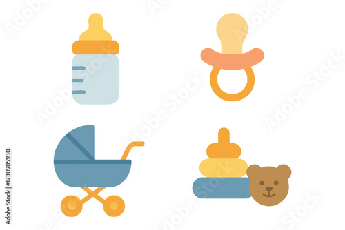 Collection of four cute flat design baby care items including a bottle pacifier stroller and toys