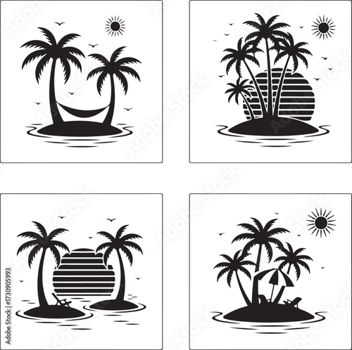Set of tropical palm trees and coconut tree silhouette. Summer and beach concept isolated on white background

