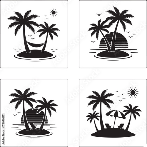 Beach vector art illustration. Tropical beach scenes set. Caribbean landscape at sunset vector design. Idyllic paradise with palm trees and surfboards
