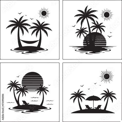 Beach vector art illustration. Tropical beach scenes set. Caribbean landscape at sunset vector design
