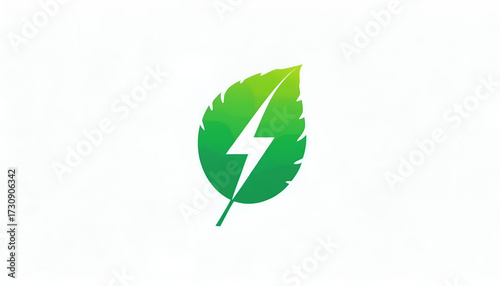 Minimalist green leaf logo with internal lightning bolt on a subtle gradient background