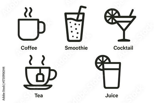 Collection of simple line art icons representing various popular beverages like coffee tea smoothie cocktail and juice