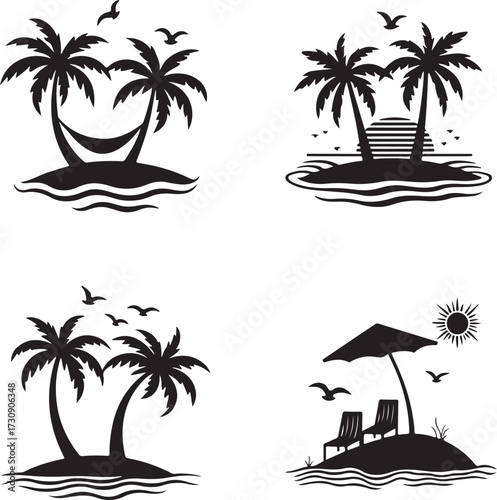 Set of black palm tree silhouettes isolated on white background. Vector illustration.
