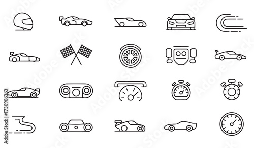 Car racing outline illustration pack with motorsport icons, timer, aerodynamic cars, racing flags, speed equipment, and driver helmet in minimal style
