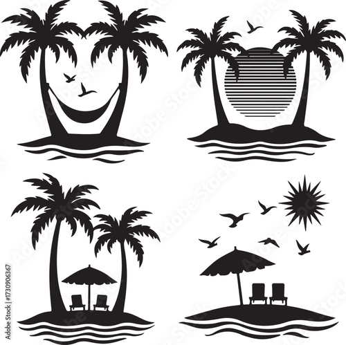 A vibrant vector illustration of a tropical beach paradise with palm trees silhouetted 
