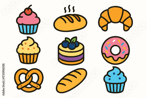Collection of delicious baked goods and pastries including cupcakes muffins donuts and bread
