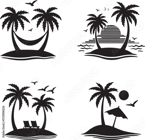 Tropical island vector icon set with palm trees, beach and sunset illustration
