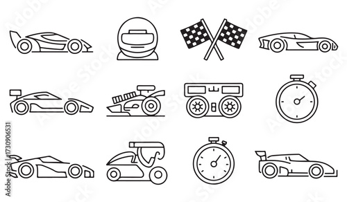 Racing and automotive line icon set featuring speed cars, racing helmet, checkered flags, stopwatch, engine parts, and motorsport competition symbols
