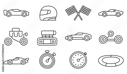 Motorsport outline icons collection with race cars, stopwatch, finish flags, helmet, racing engine, and competition elements in linear minimal style illustration