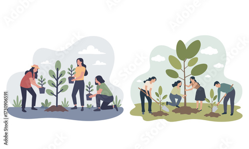Flat Vector Illustration of People Planting Trees and Renewable Green Energy for Eco Friendly Lifestyle in Pastel Blue Green Violet Style