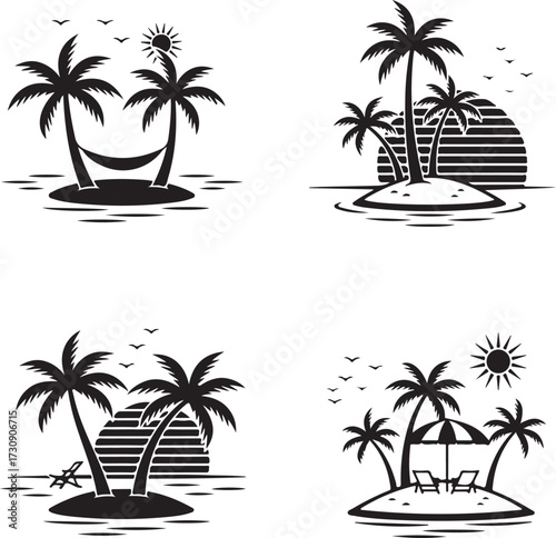 Set of tropical palm trees and coconut tree silhouette. Summer and beach concept isolated on white background

