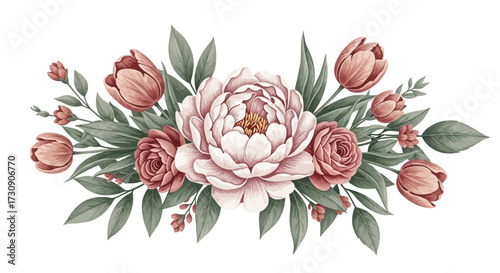 Floral Vector Arrangement, Peonies and Tulips, Botanical Illustration, Elegant Design, Natural Setting, Aesthetic Viewpoint