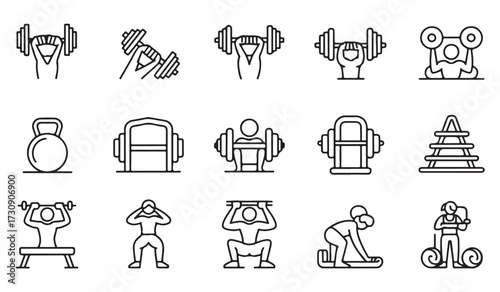 Bodybuilding and gym equipment line icons set featuring fitness poses, barbells, dumbbells, kettlebells, and weightlifting illustrations in modern minimal outline style