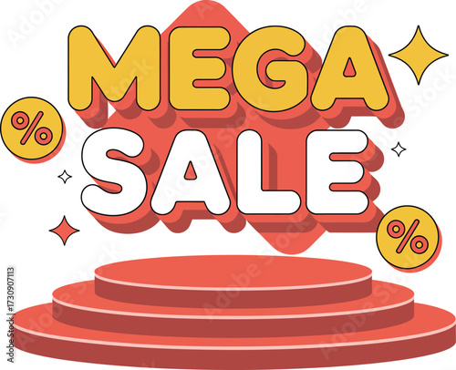 Exciting mega sale announcement with a festive stage and discount symbols