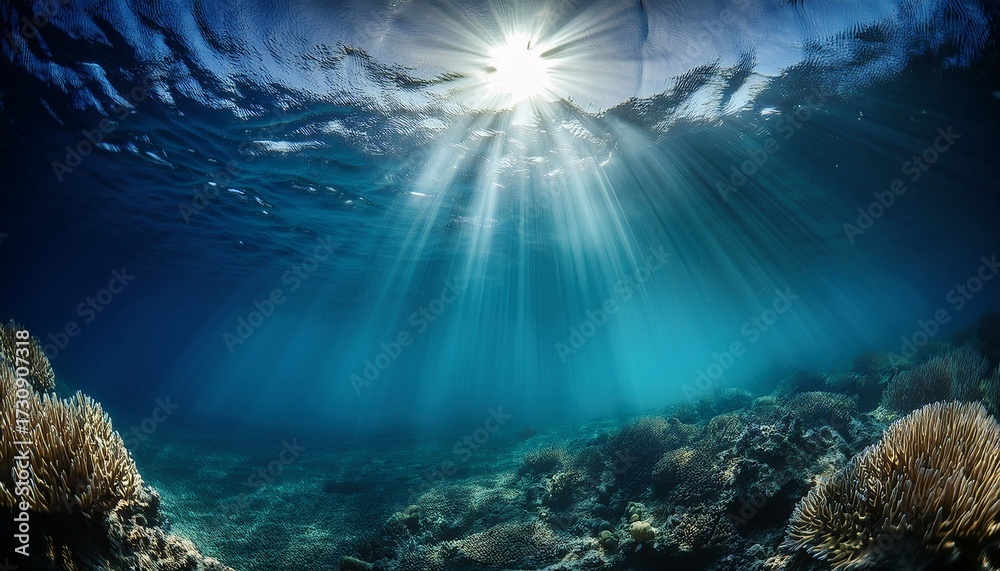 Fototapeta premium Underwater Sunbeams Filtering Through The Ocean Depths