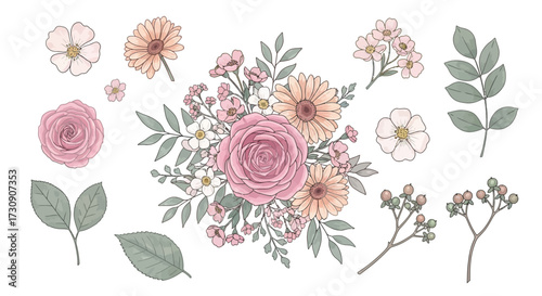 Elegant Vector Floral Set A Collection of Hand-Drawn Flowers and Foliage for Delicate Designs, Botanical Illustrations and Wedding Invitations
