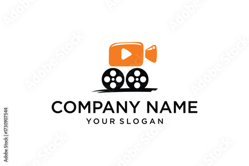Film camera icon with film reel and play button logo vector
