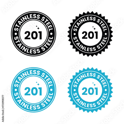 Illustrations of stainless steel 201 grade metal identification badges or seals