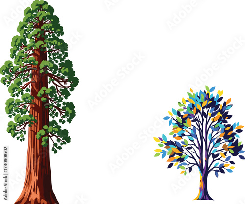 Realistic Redwood and Stylized Multicolor Tree Comparison with Foliage Texture, Trunk Detail, Artistic Forest Scene for Botanical Illustration Diversity