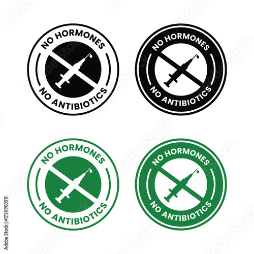 No hormones or antibiotics four circular certification symbols displayed