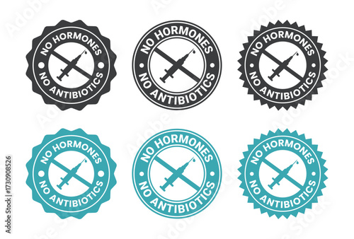 Six circular seals displaying no hormones and no antibiotics messaging