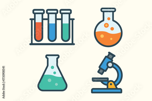 Collection of colorful science laboratory equipment icons including test tubes flasks and microscope