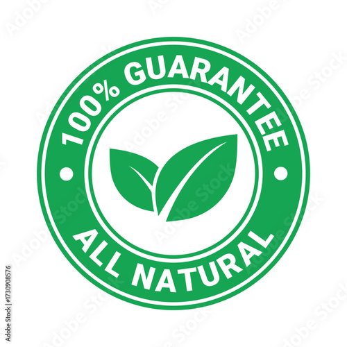Green circular badge with leaves indicates a natural product guarantee