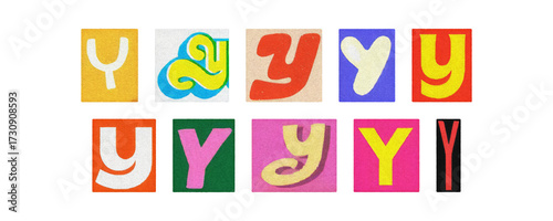 Colorful letter Y collage from magazine clippings, isolated PNG
