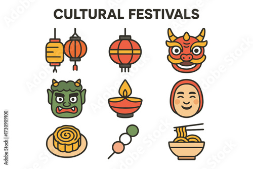 Collection of colorful cultural festival icons including lanterns masks food and traditional decorations