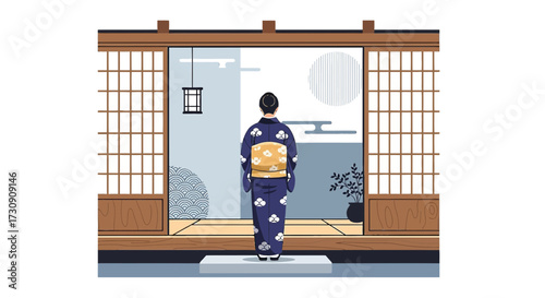 A serene vector illustration of a woman in kimono in a traditional Japanese room