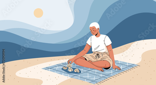 A tranquil scene of a woman collecting shells on a beach during a serene sunny day