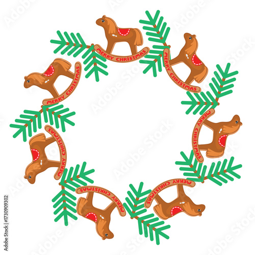 Christmas frame with toy horse and fir twig. Round shape border with cartoon vintage objects and hand written. Festive composition isolated on white background. Vector design with copy space.