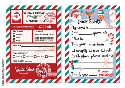Letter to Santa and gift tag printable collection. Postal stamps, forms, signatures, barcodes, typographic and handwritten text, magical characters, elf, Santa Claus, reindeer, snowman. Vector design.