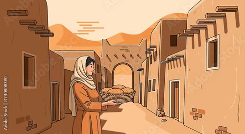 Arabian woman carrying a basket with bread in a traditional Middle Eastern village illustration