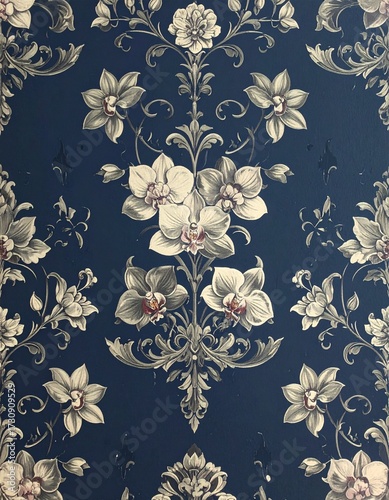 Blue dark wallpaper, floral ornamental pattern, elegant vintage design, delicate decorative motifs, intricate details, luxury interior style, classic elegance, sophisticated textures, harmonious compo