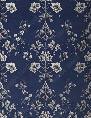 Blue dark wallpaper, floral ornamental pattern, elegant vintage design, delicate decorative motifs, intricate details, luxury interior style, classic elegance, sophisticated textures, harmonious compo