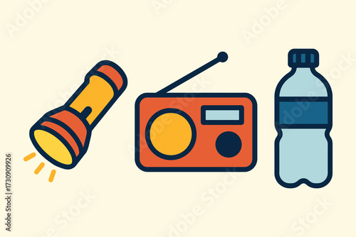 Essential emergency preparedness kit items including a flashlight radio and water bottle