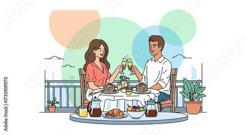 Couple enjoying breakfast on the balcony with city view toasting with champagne vector illustration