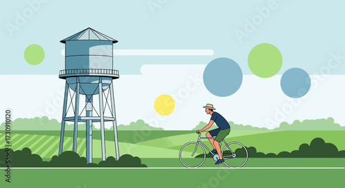 Cycling through serene countryside with iconic water tower against a vibrant landscape illustration