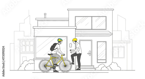 Cyclist delivering package to a house, showcasing modern urban living with eco-friendly