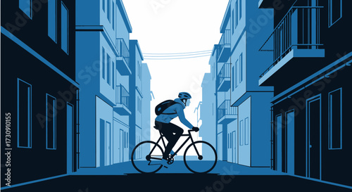Cyclist rides through urban streetscape in blue monochrome vector illustration