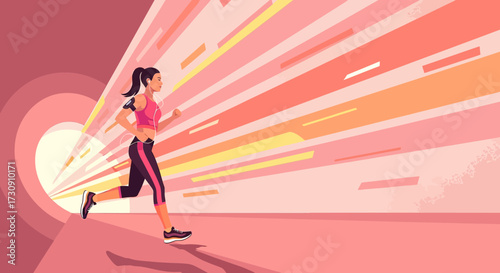 Determined woman running towards her goals with vibrant energy and motion in illustration