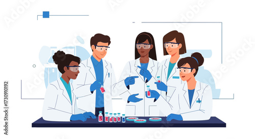 Diverse team of scientists collaborating in laboratory research and development project for medicine