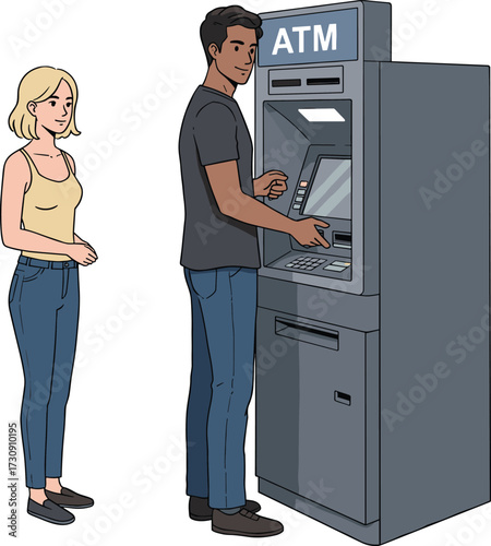 Man using ATM machine, woman waiting behind, banking transaction, urban lifestyle, financial service, everyday activity, outdoor cash withdrawal scene