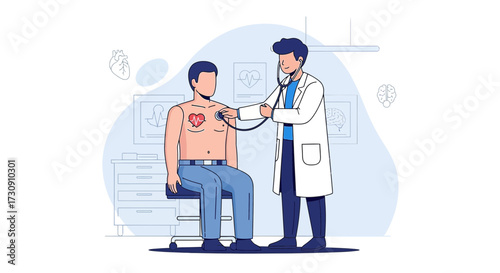 Doctor Examines Patient's Heart with Stethoscope in a Medical Clinic setting illustration