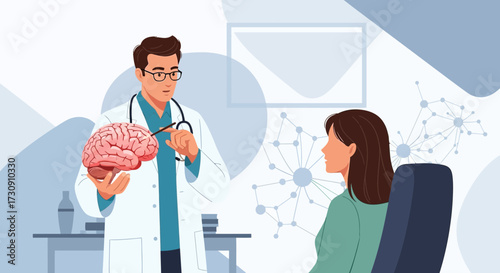 Doctor explaining brain anatomy to patient in a medical consultation setting showing expertise and