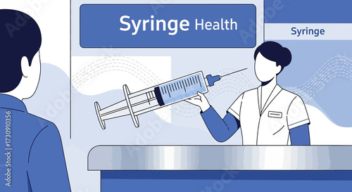 Doctor presenting a syringe to patient in a medical consultation illustration depicting healthcare