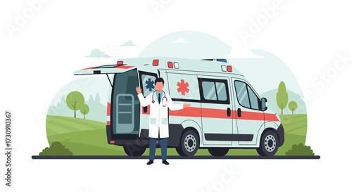 Doctor standing in front of ambulance offering medical assistance in emergency situations with