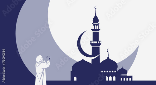 Elegant eid mubarak illustration with mosque crescent moon and praying woman silhouette in